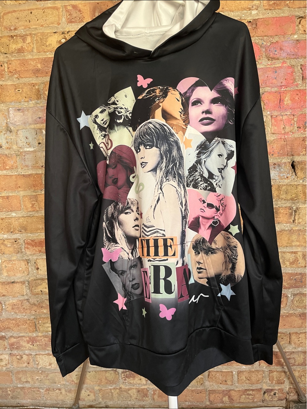 Black Graphic Satin Hoodie with Cat Ears and Multicolor Pop-Art Back